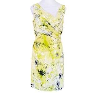 Ann Taylor 91% silk & spandex Assymetrical Neck green Watercolor Sheath Dress